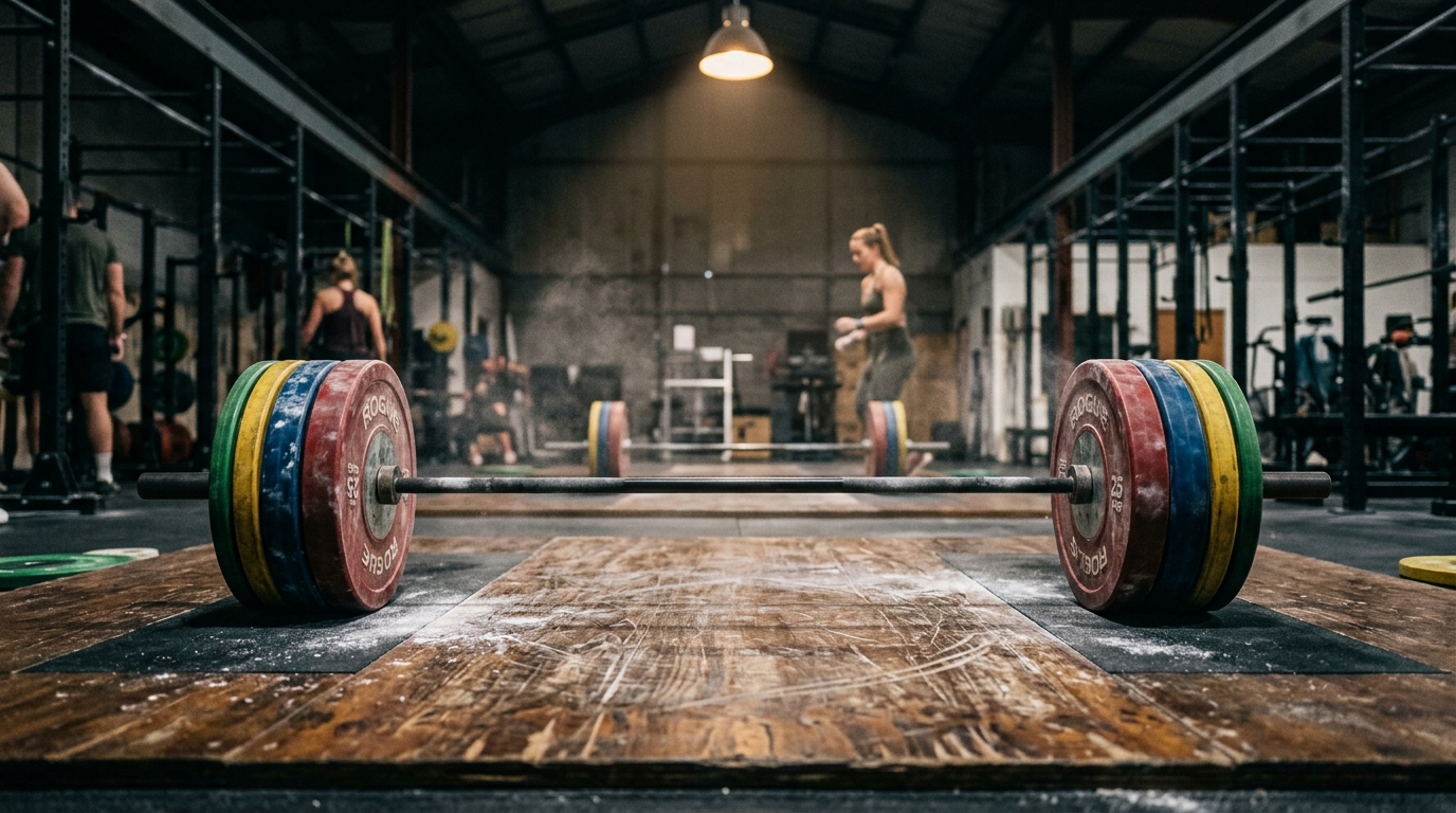 Olympic barbell with chalk-dusted weights on a wooden platform symbolizing Indian weightlifting achievements.