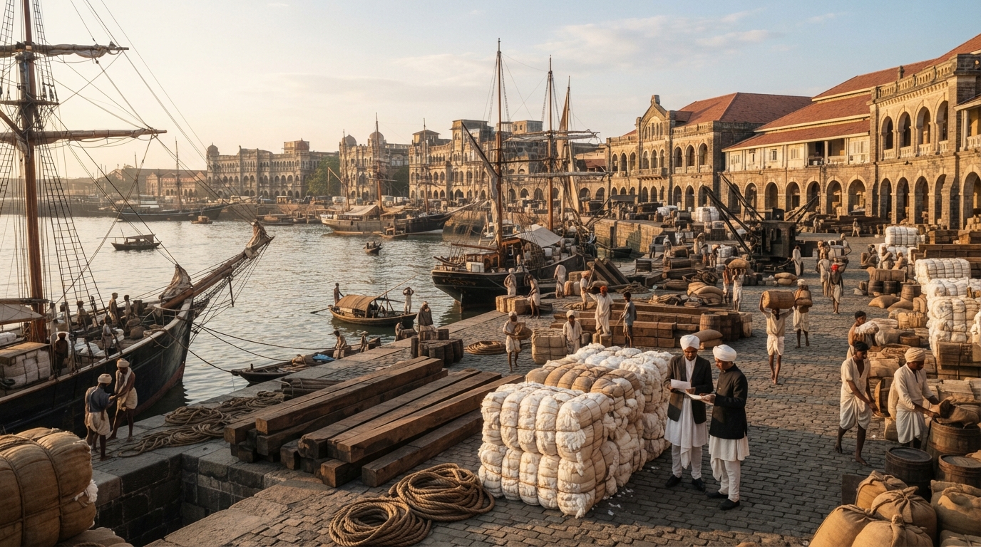 Historic 19th-century Bombay dockyard with merchant cargo symbolizing the early origins of Indian industry.