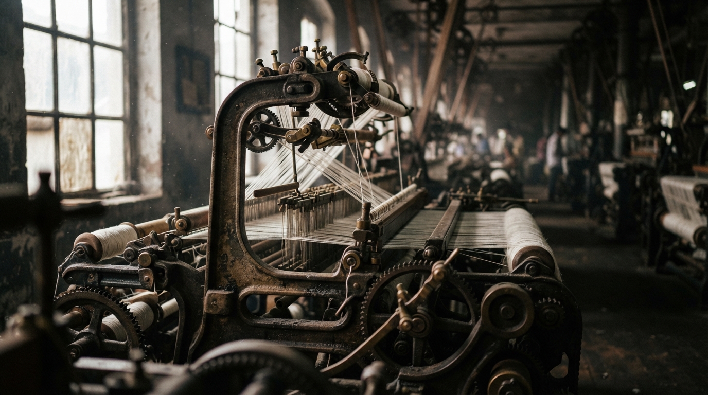 Vintage cast iron spinning mill loom with cotton spools representing early Indian textile manufacturing.
