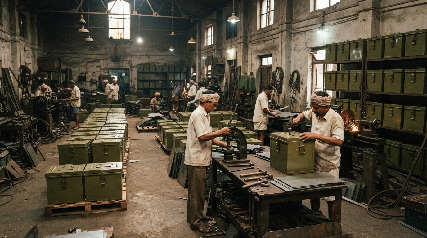 Vintage sheet metal workshop producing historical steel ballot boxes for independent India's first election.