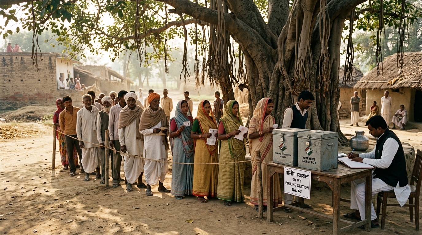 Vintage 1970s rural Indian polling station with citizens waiting to vote in democratic elections.