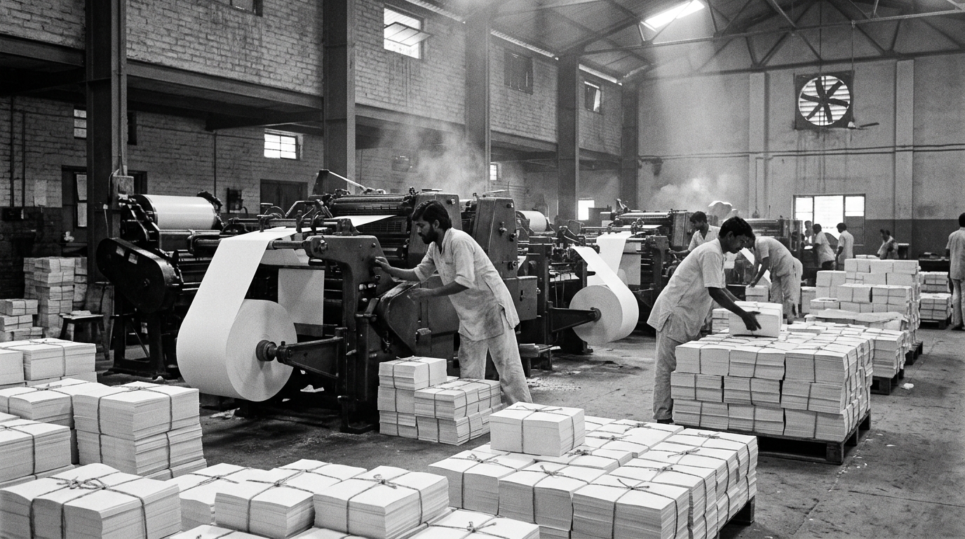 Vintage printing press producing stacks of blank paper ballots for the 1977 Indian elections.