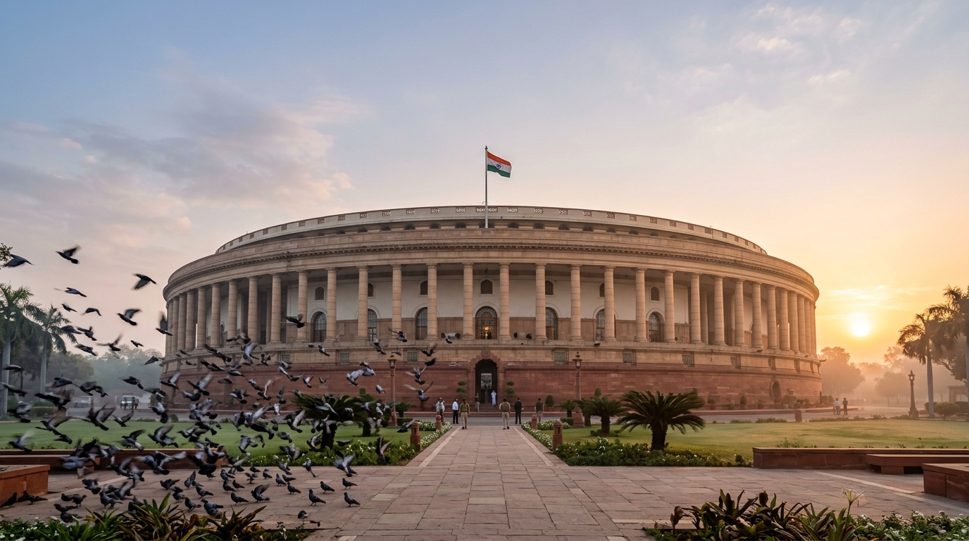 Historic Parliament House of India in New Delhi at sunrise symbolizing a political reset.