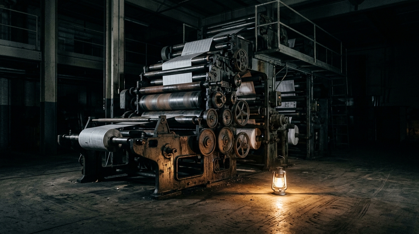 Vintage newspaper rotary printing press halted in darkness during the 1975 Indian Emergency power cuts.