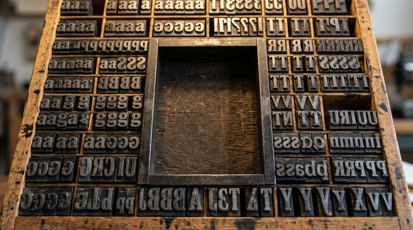 Typesetting tray with a deliberate blank space representing empty editorial columns protesting press censorship.
