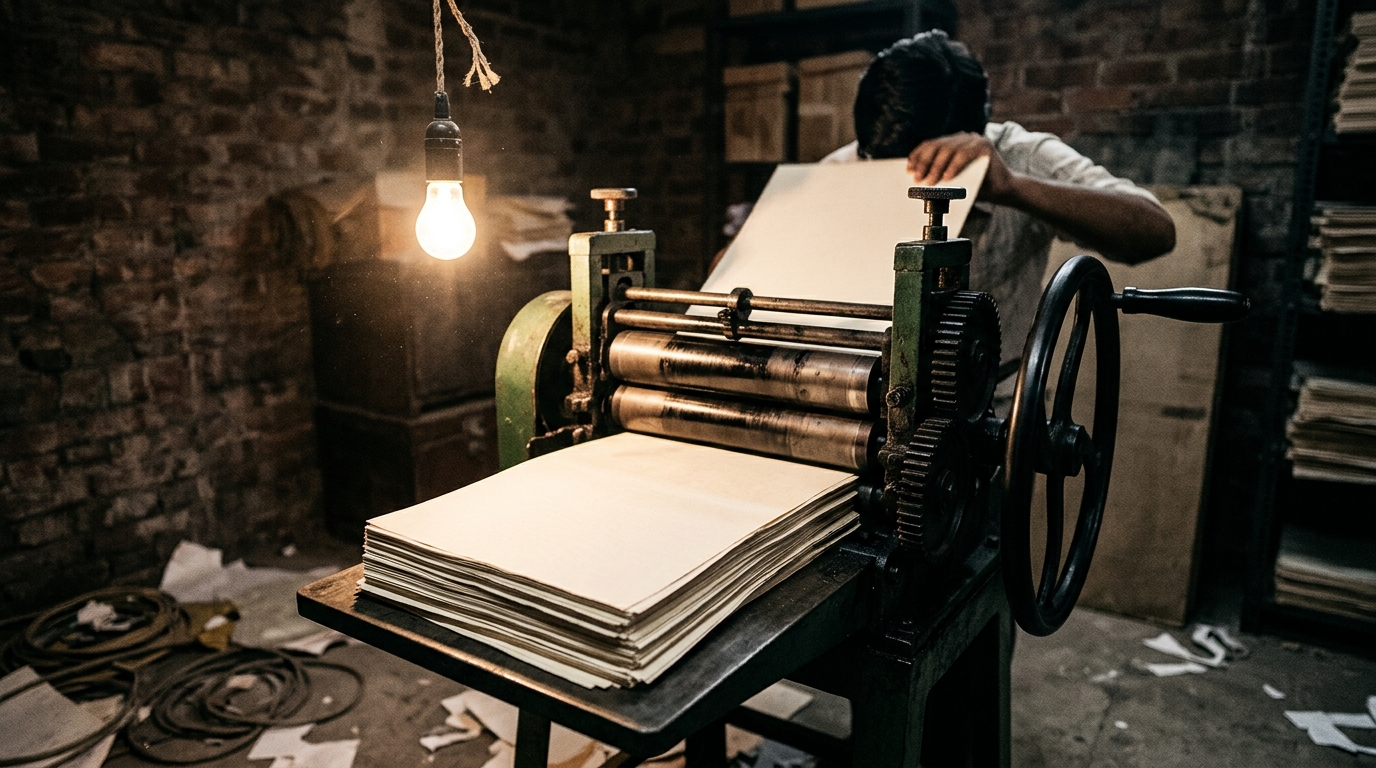 Vintage manual mimeograph machine in a basement used for underground publishing during the 1975 Emergency.