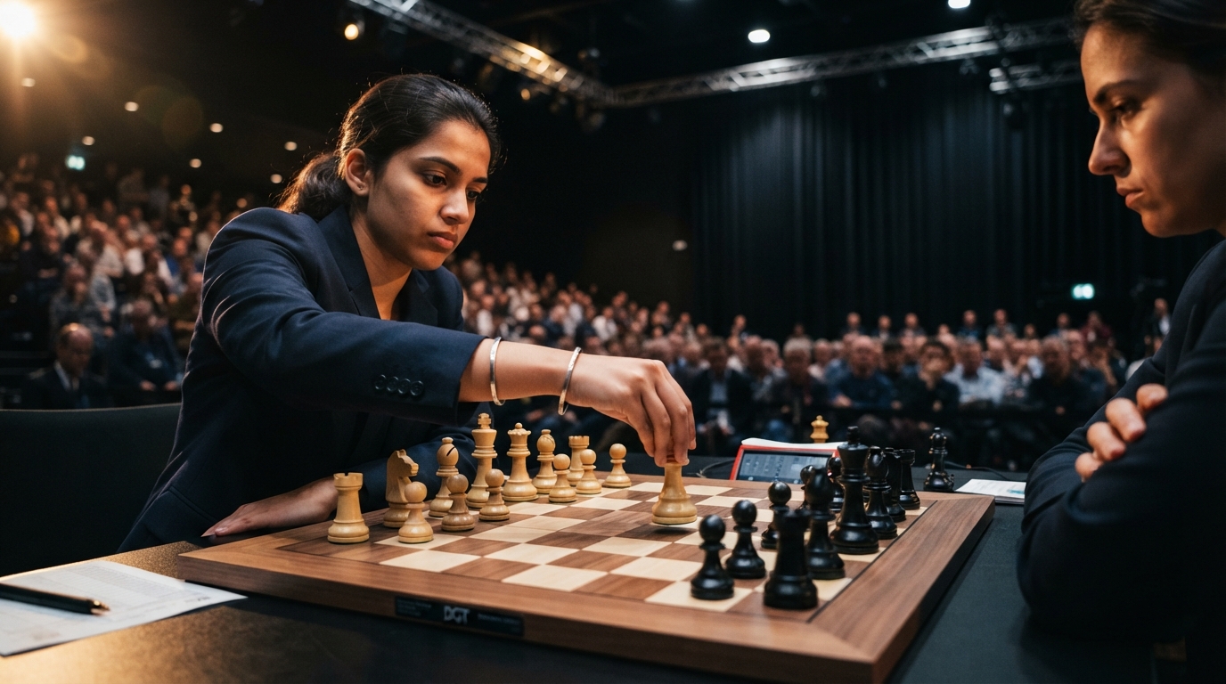 A polished wooden chessboard with a white queen piece moved during an Indian tournament.