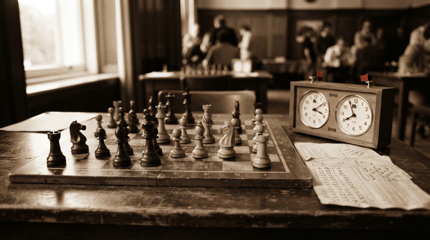 Vintage wooden chess pieces and a mechanical analog timer from a historic chess match.
