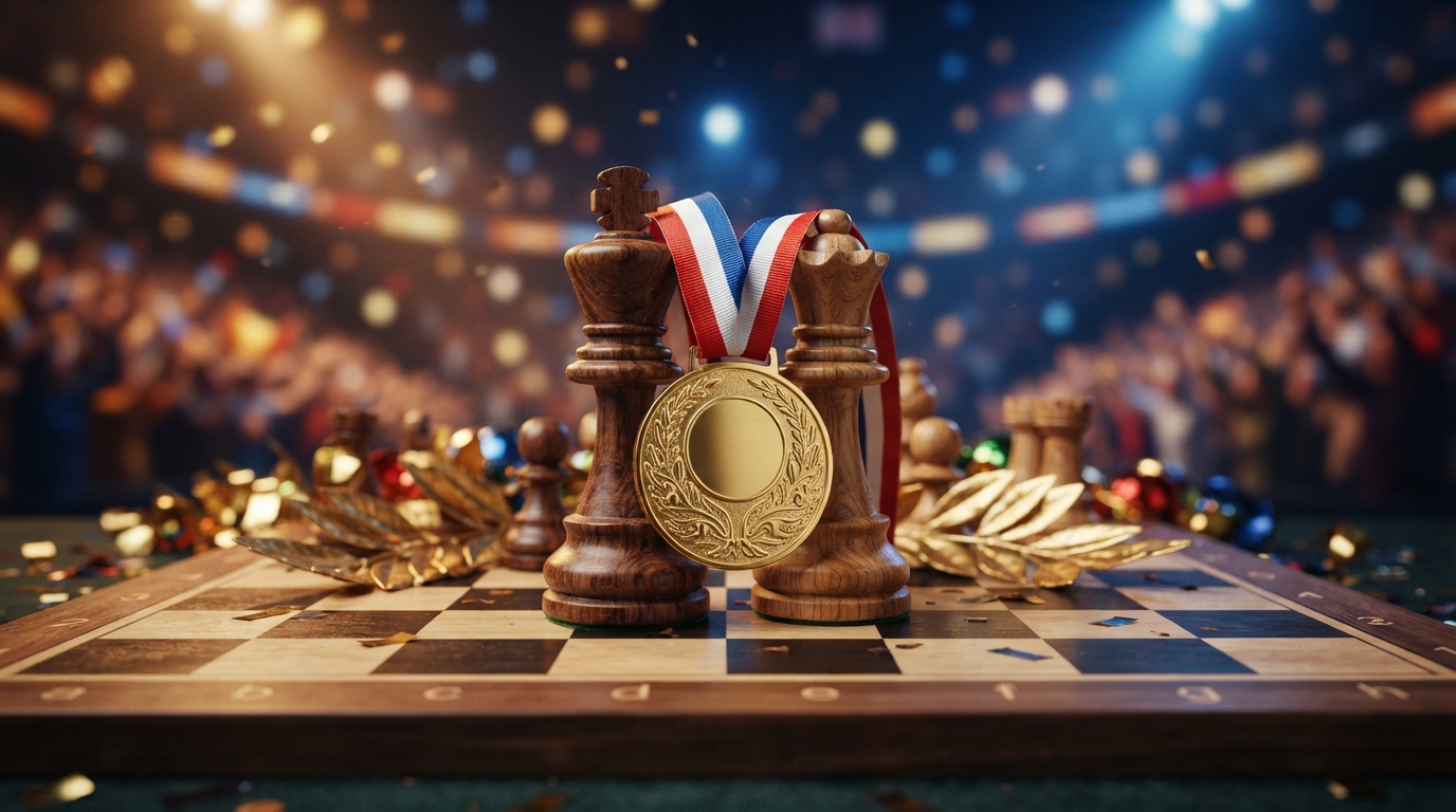 A gold championship medal resting beside carved wooden chess pieces on a tournament board.