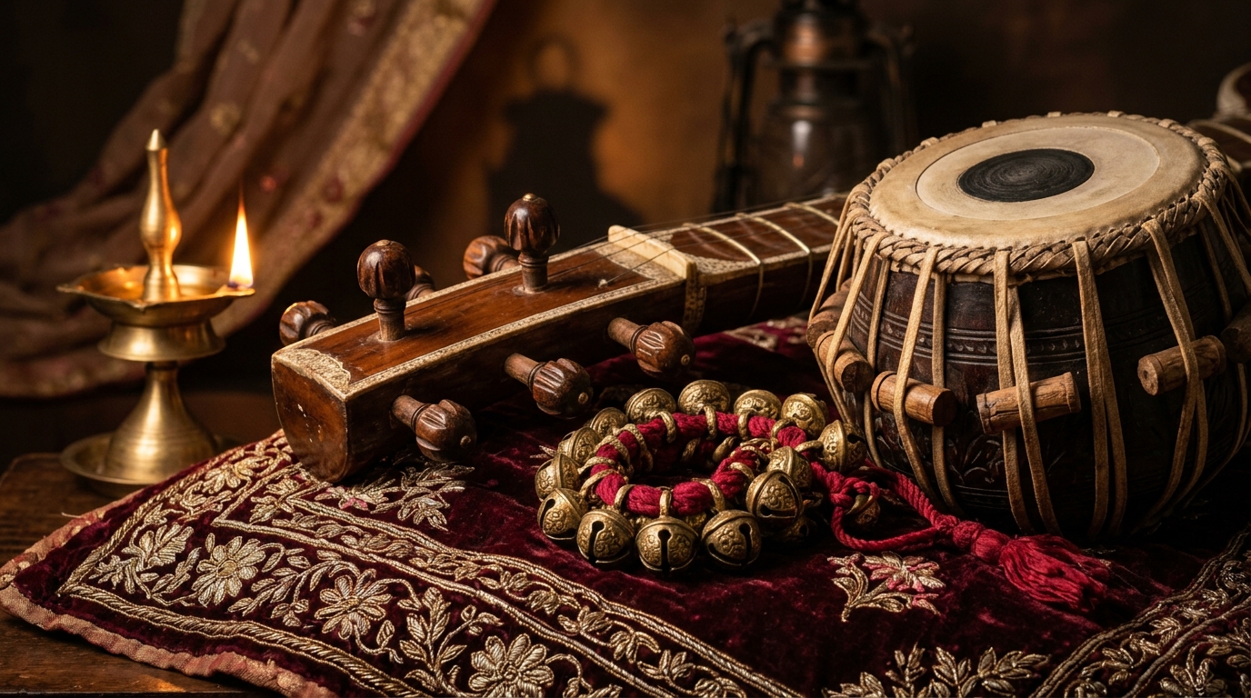 Traditional Indian ghungroo bells and classical instruments representing historic Bollywood ghazal music recordings.