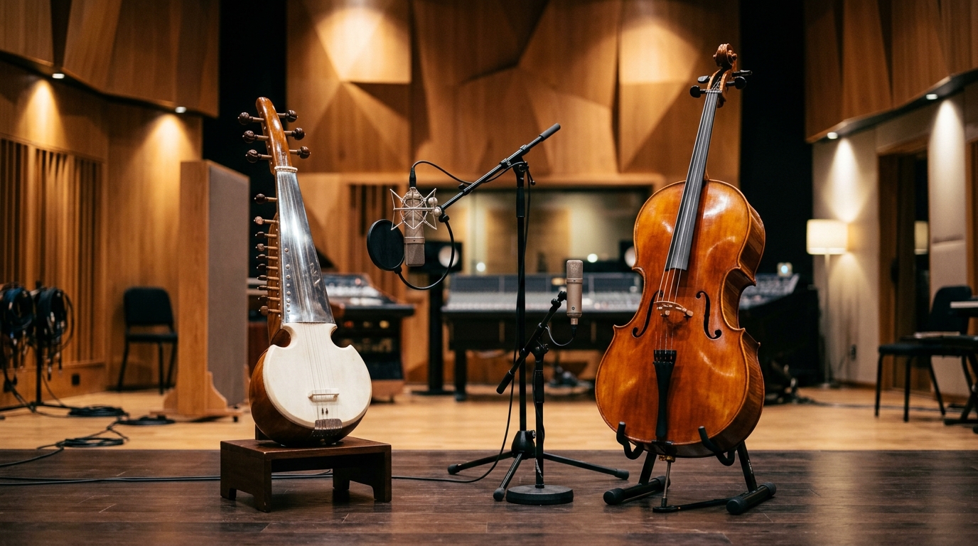 Classical Indian sarod alongside a Western cello representing historic global music collaborations.