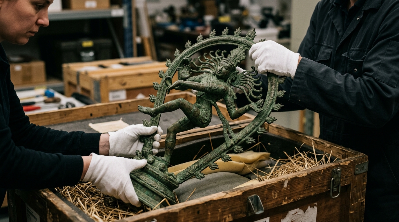 Ancient Indian bronze deity sculpture being unpacked from a wooden shipping crate by gloved hands