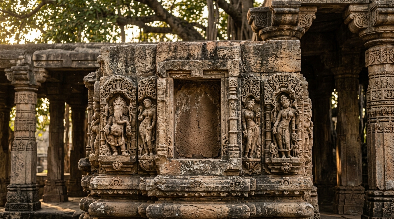 Empty niche in an intricately carved ancient stone temple wall in rural India