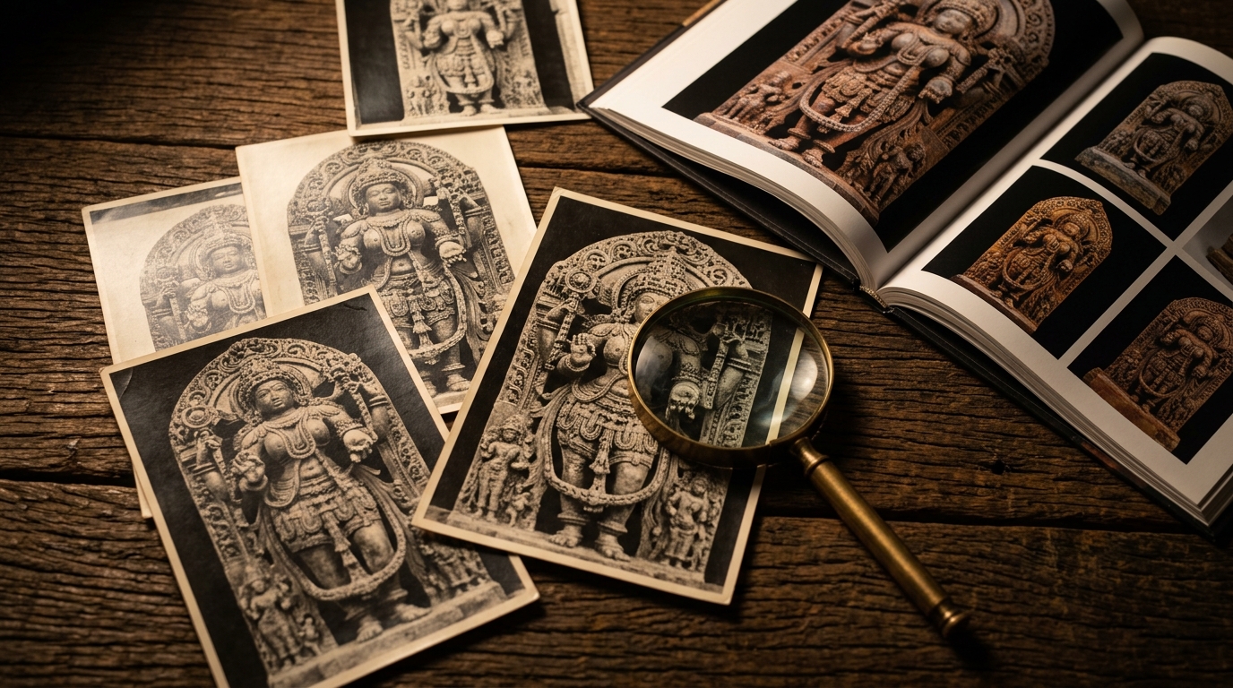 Vintage archival photographs of Indian temple sculptures viewed through a brass magnifying glass