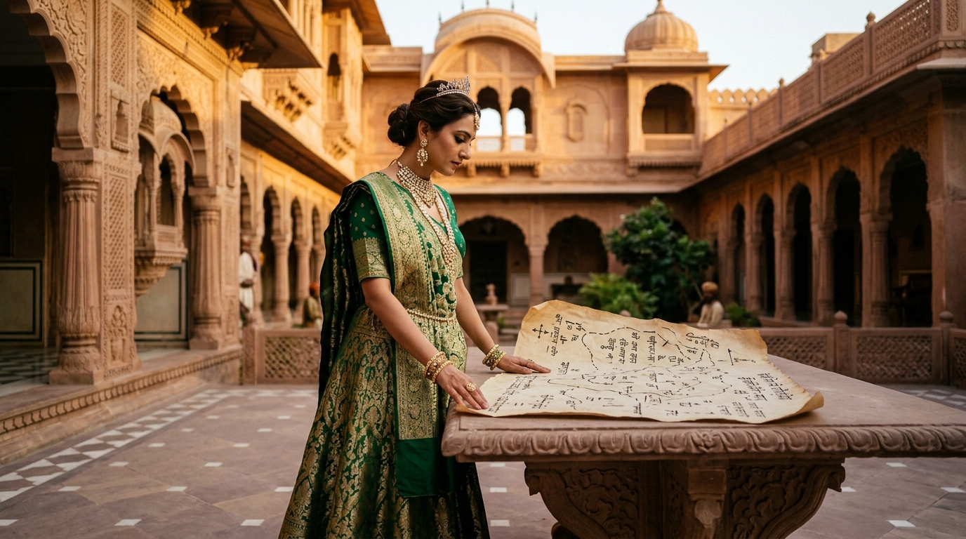 18th-century Indian queen examining a map in a sandstone palace courtyard representing historical female leadership.