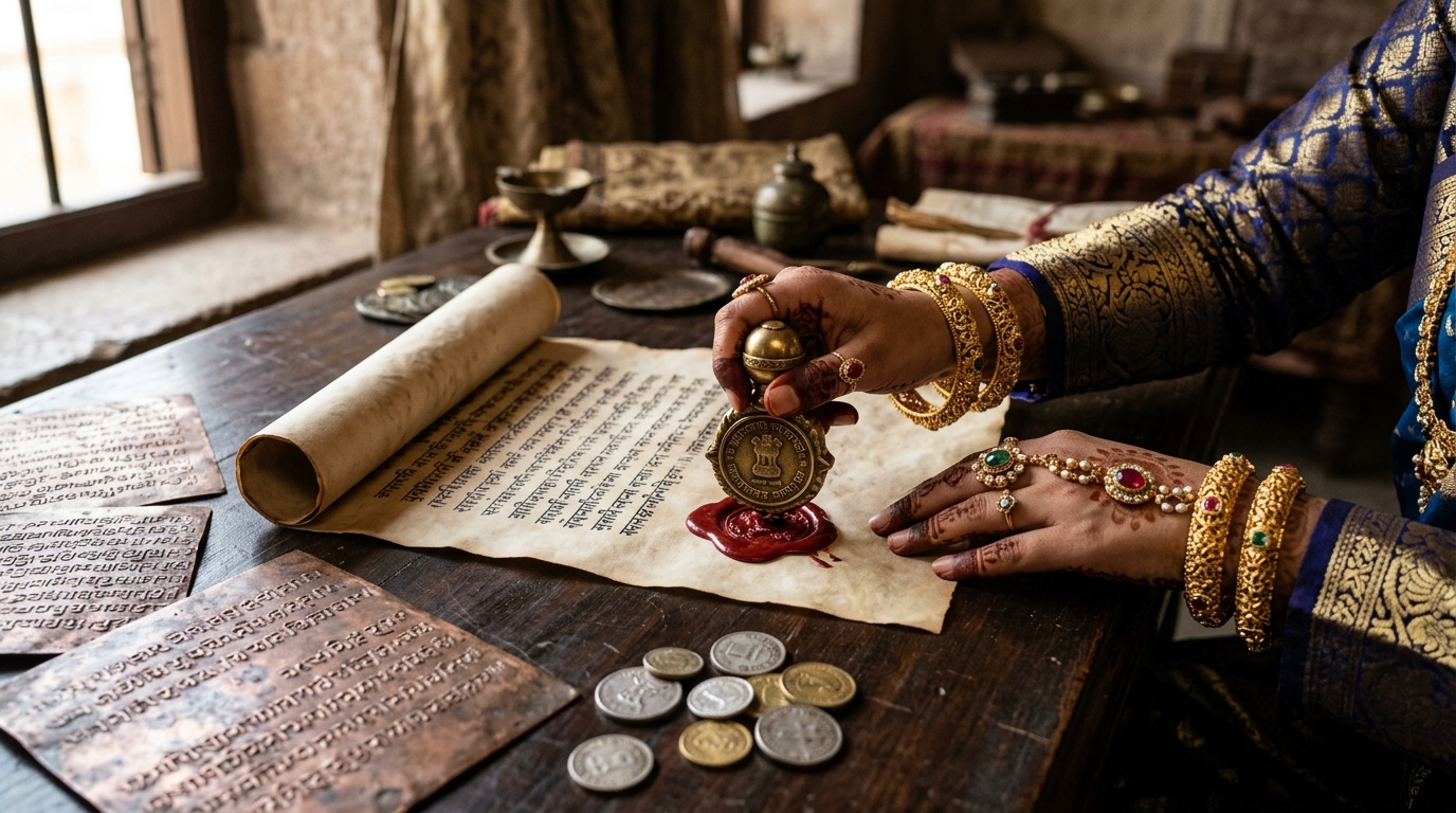 Close-up of an Indian queen's hands pressing a royal seal on ancient administrative documents.