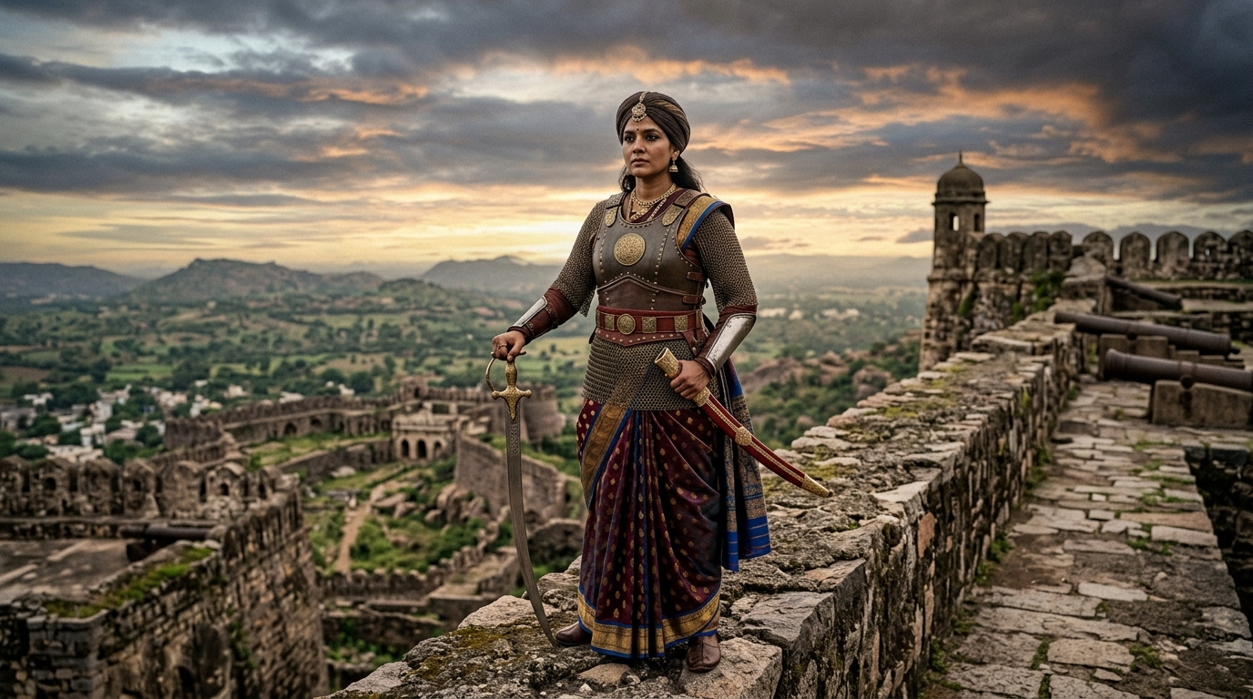 Female Indian military commander in traditional armor standing on historic stone fort ramparts.