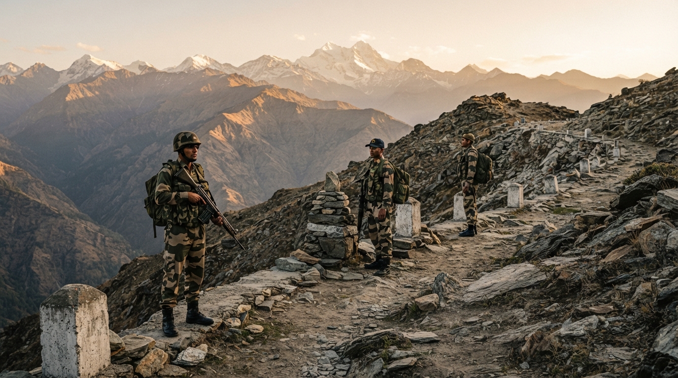 Border patrol security forces guarding a rugged mountain frontier along the Indian border line