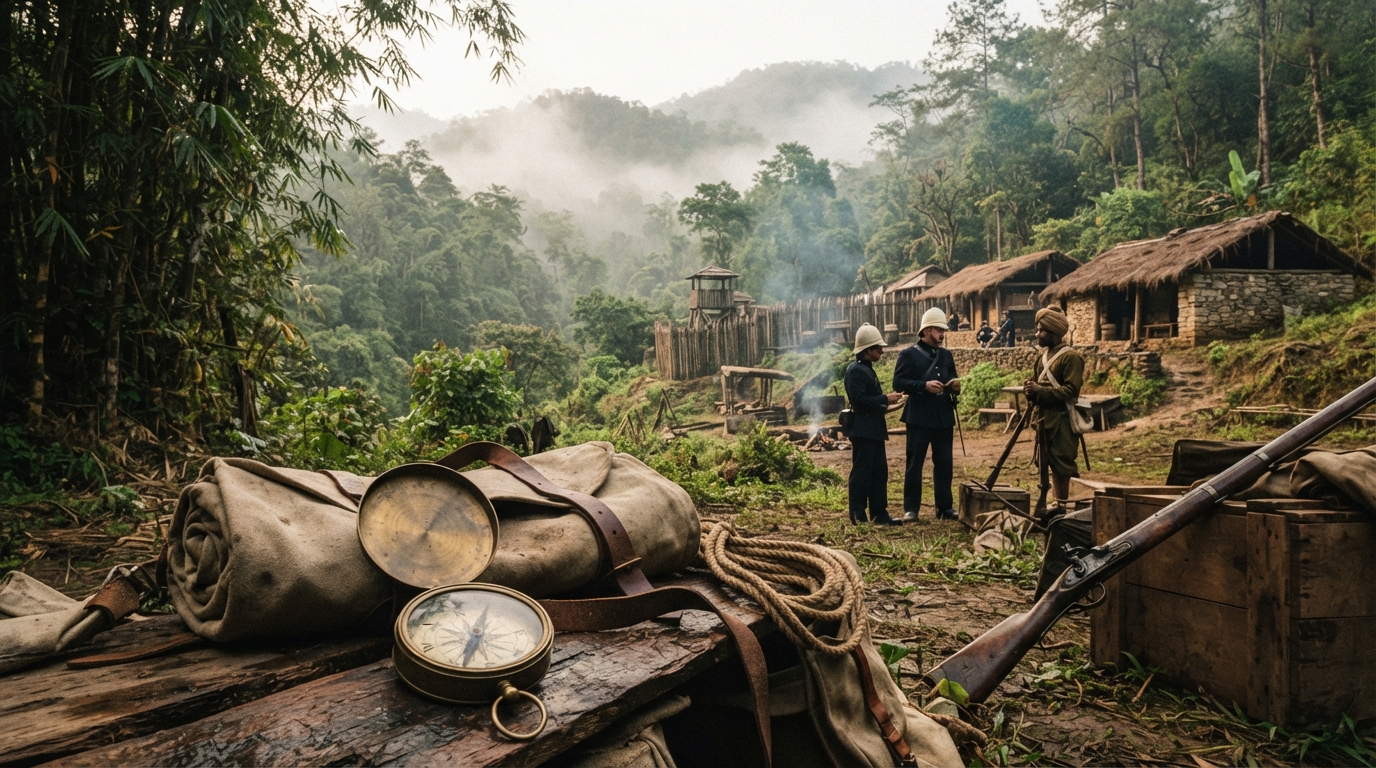 Lush misty forest terrain of Northeast India representing the historic Assam Rifles foundation