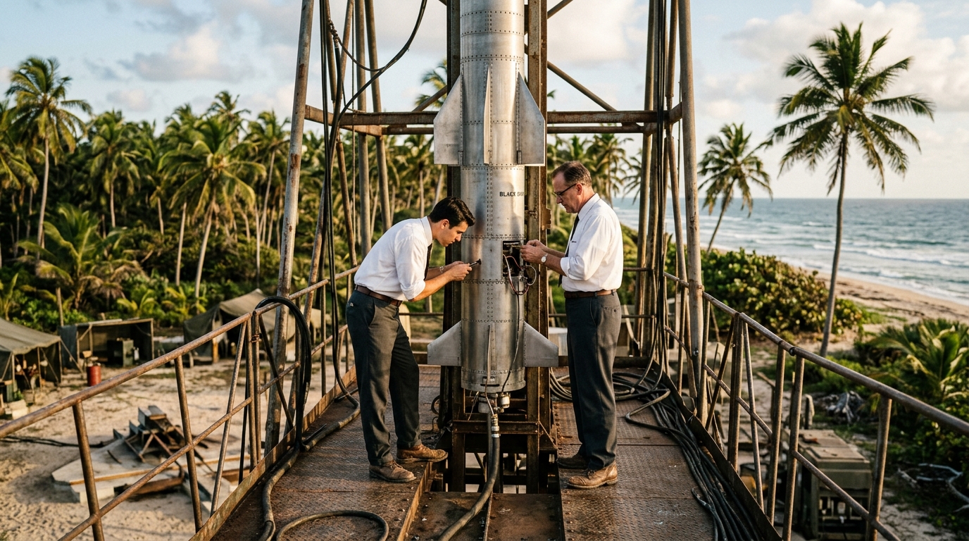 Engineers preparing an early sounding rocket for launch in 1960s India.