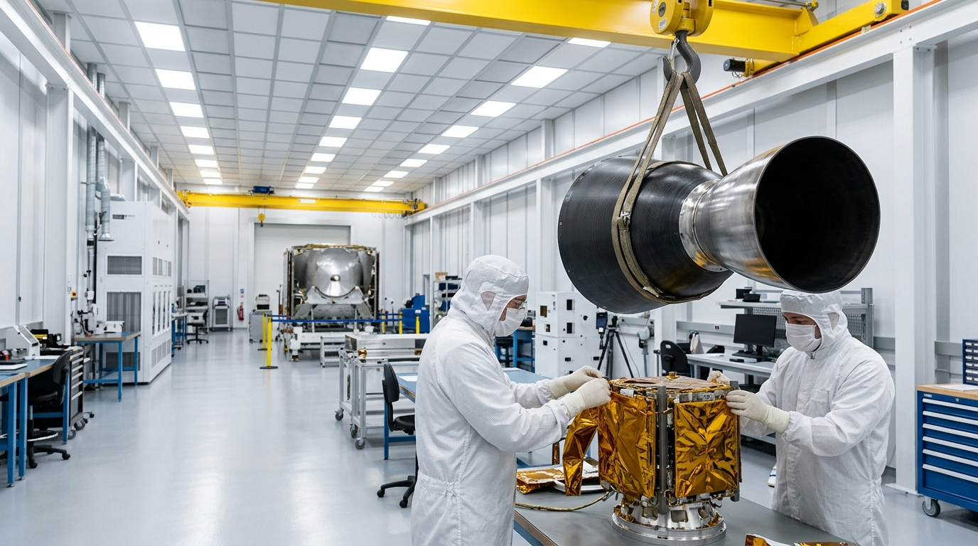 Engineers in a cleanroom assembling a modern small satellite launch vehicle.