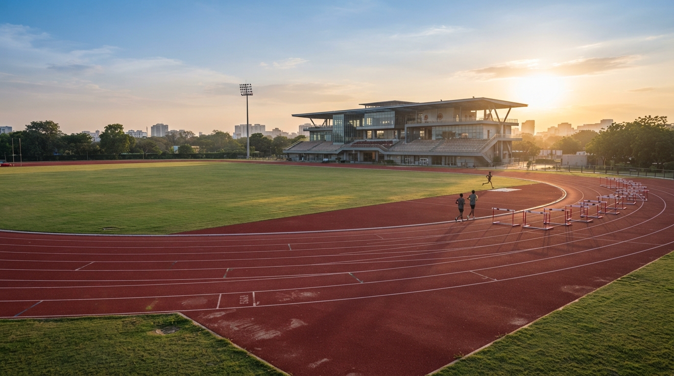Modern outdoor Indian athletic running track and training pavilion in golden morning light.