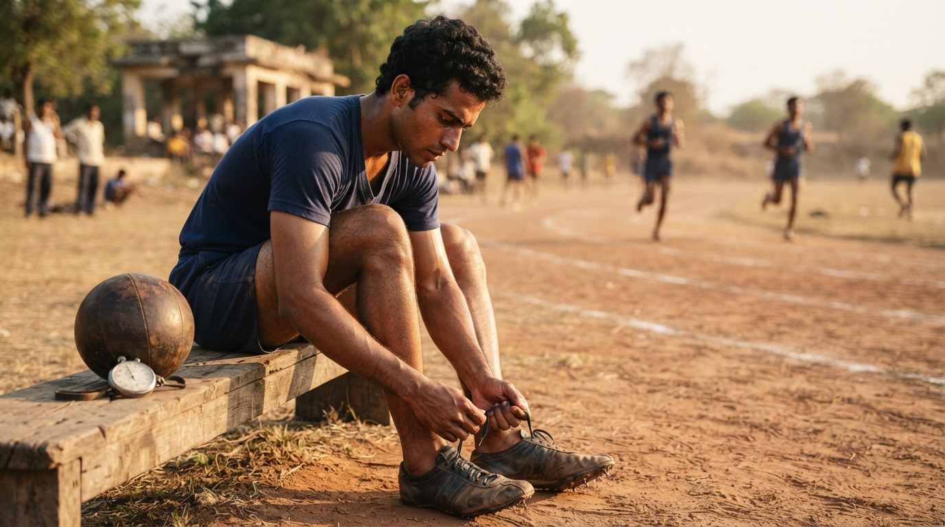 Vintage Indian track athlete preparing running spikes during an outdoor athletic training session.