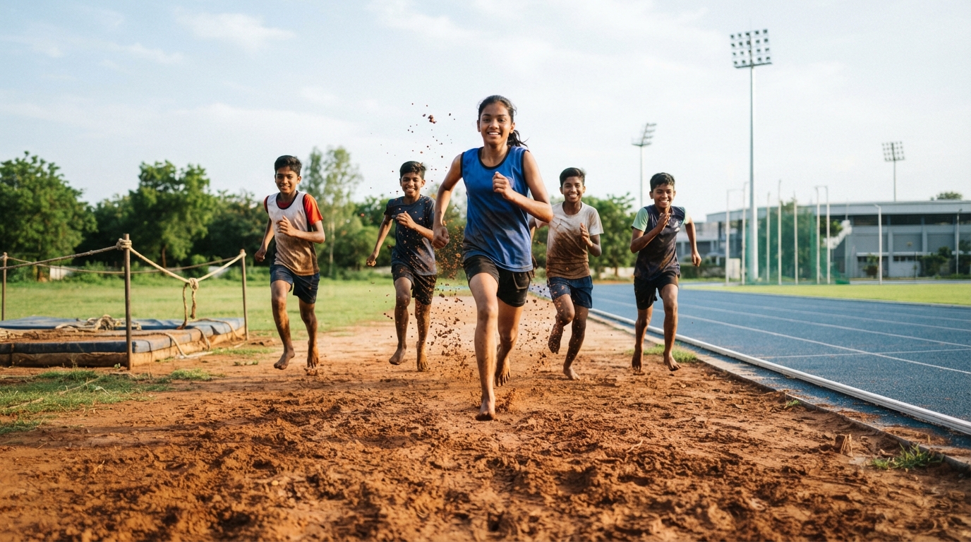 Young Indian grassroots athletes training on outdoor track under state athletic development programs.
