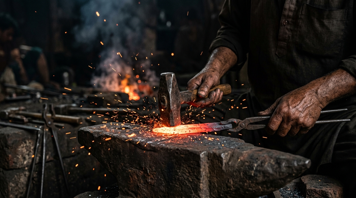 Traditional artisan forging red-hot metal highlighting ancient Indian metallurgy and craftsmanship.