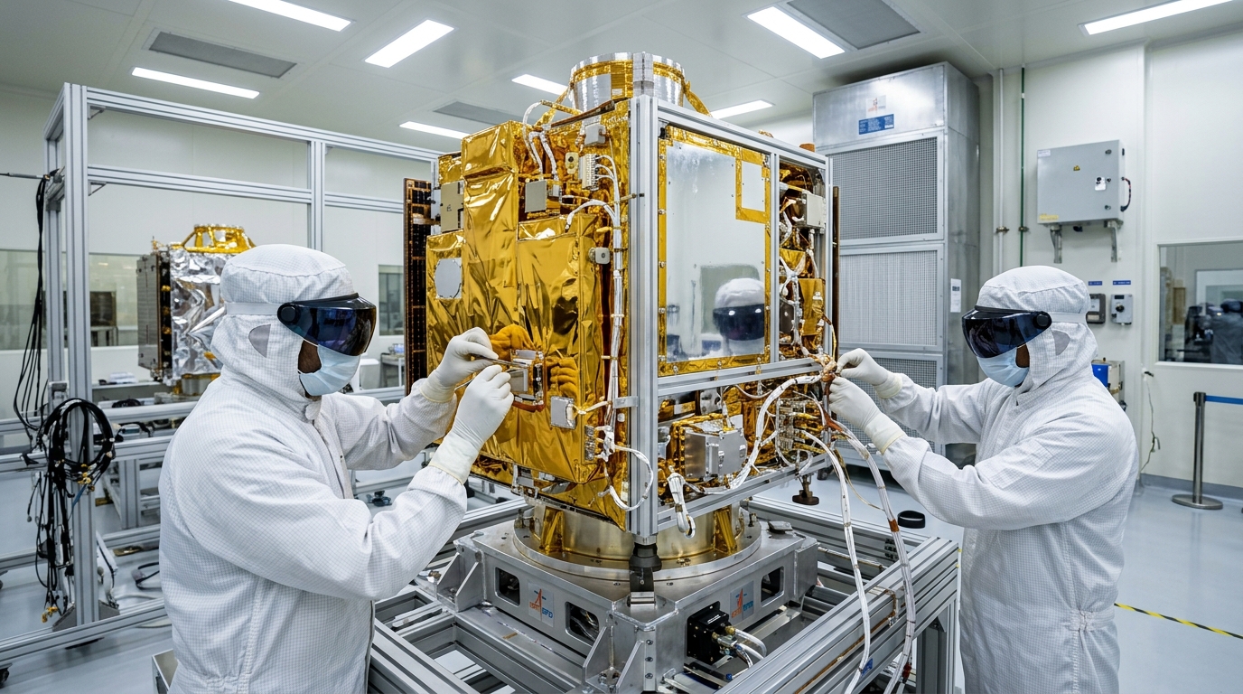 Aerospace engineers in a clean room assembling a satellite for India's space program.