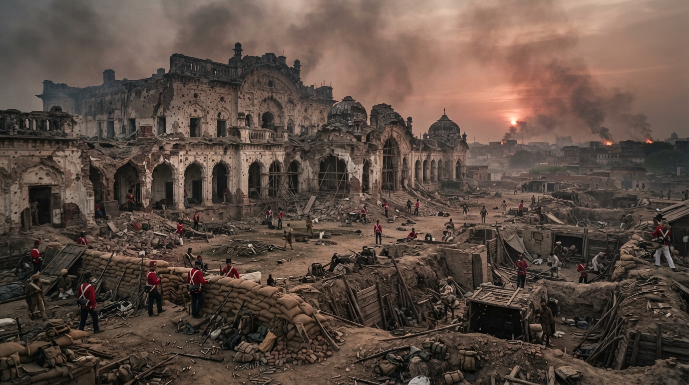 Ruins and fortified battlements of the Lucknow Residency compound during the 1857 historical siege.