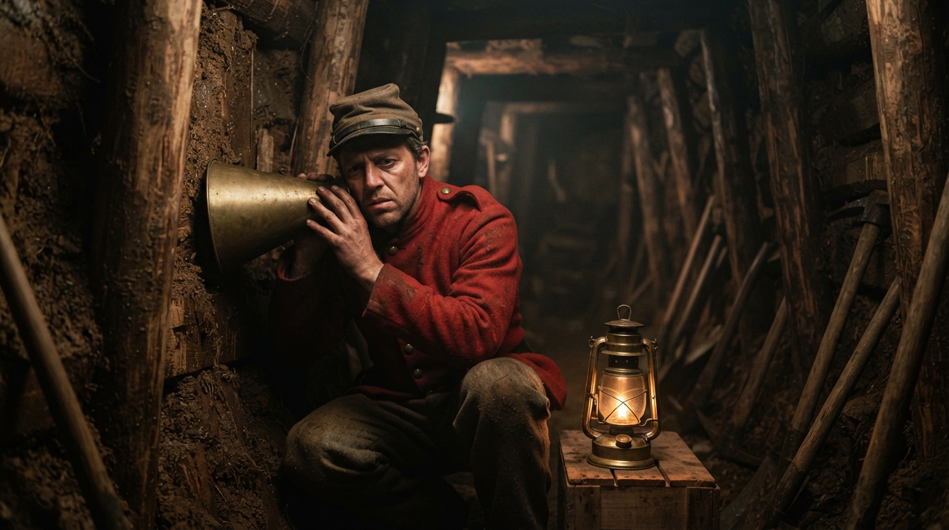 Military sapper conducting subterranean countermining acoustic surveillance in an earthen trench in 1857.