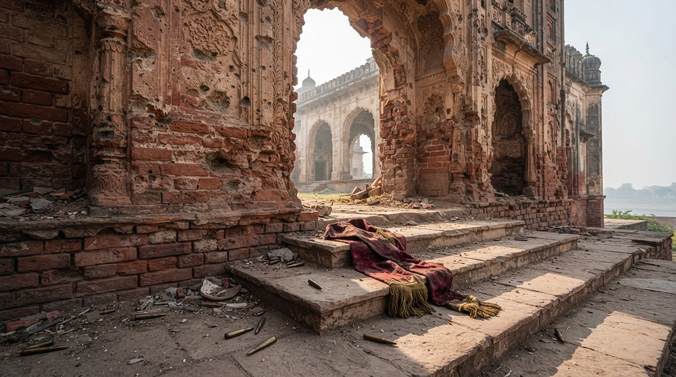 Battle damage and historical artifacts at the Sikandar Bagh gateway after the 1857 Lucknow battle.