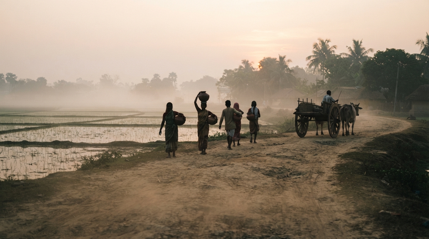 Rural Bengal road at dawn showing villagers during the 1943 famine era