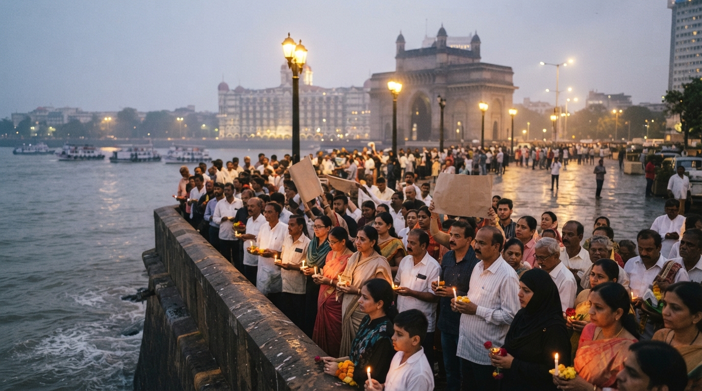 Crowd gathered near Bombay's Gateway of India during 1940s independence movement