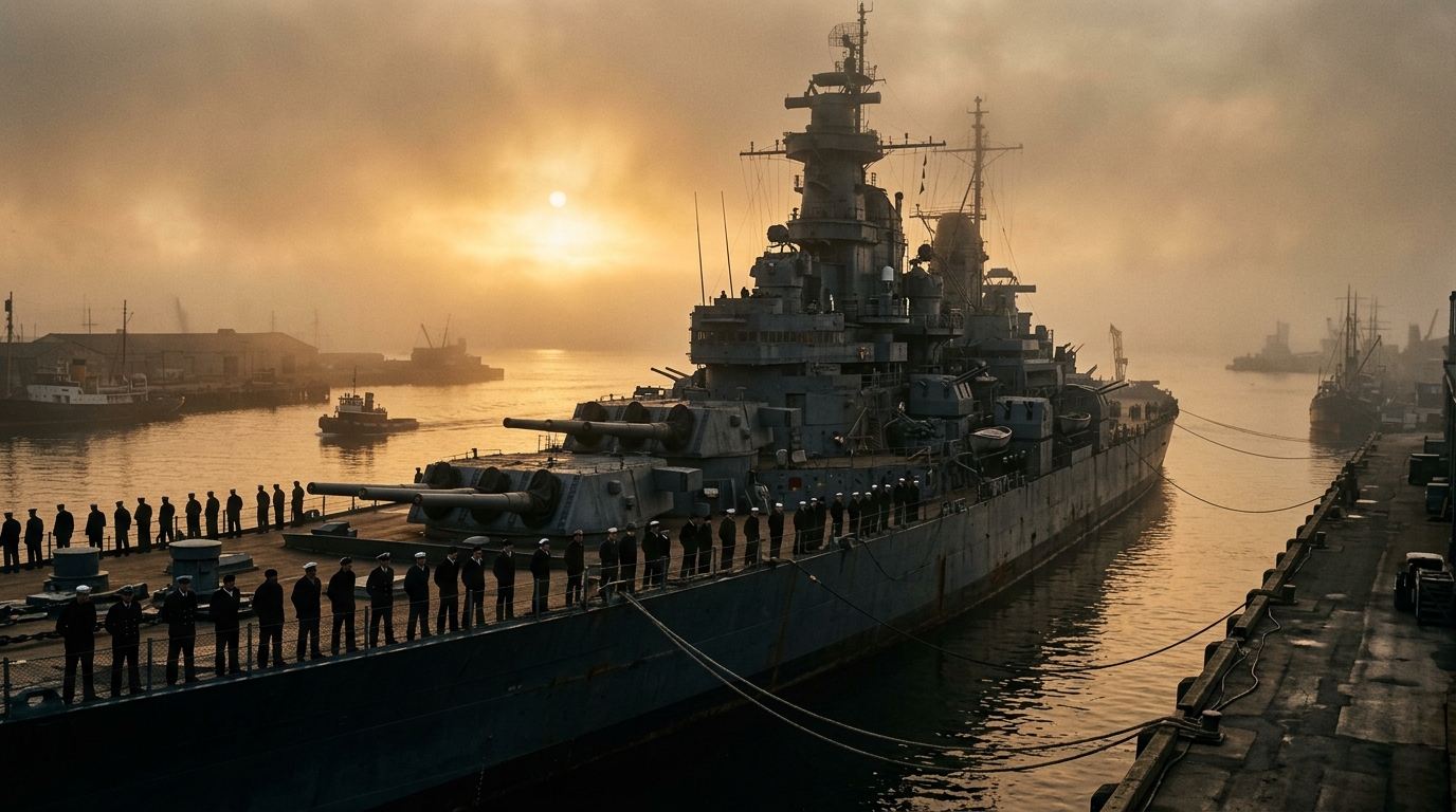 Wide view of a 1940s naval warship in a misty harbor representing the 1946 mutiny.