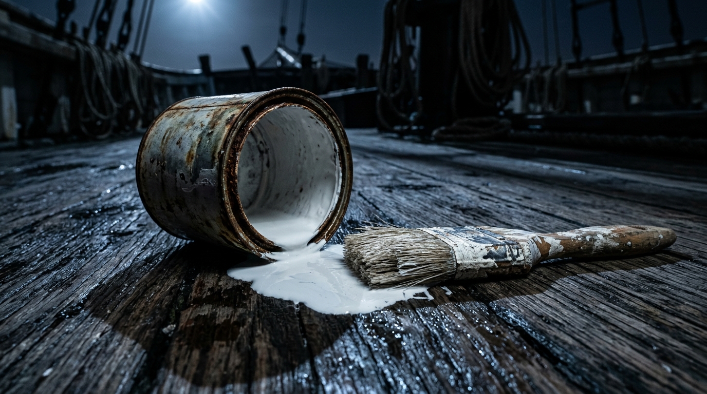 Spilled white paint and a brush on a wooden ship deck at night.