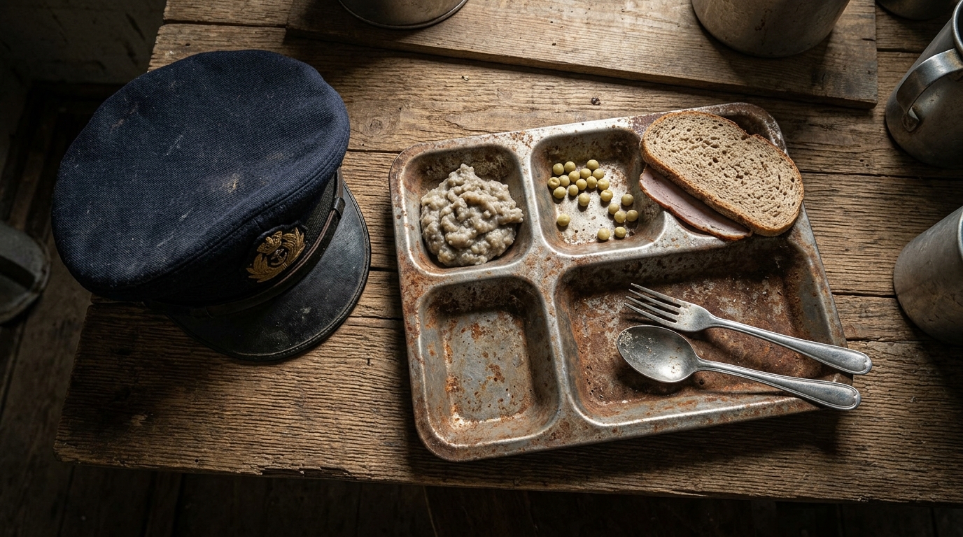 Rusted metal tray with meager food rations and a 1940s naval sailor cap.