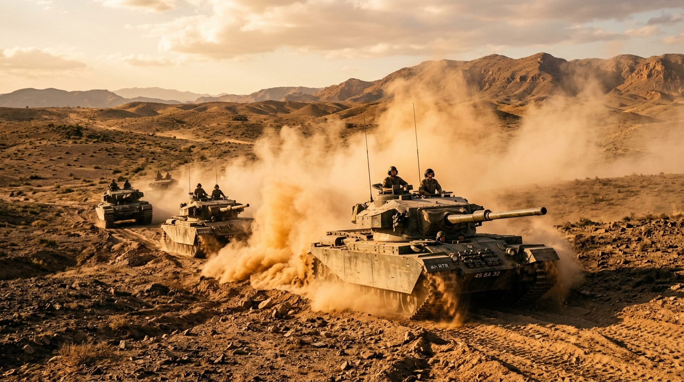 Vintage 1960s military tanks advancing through a dusty desert landscape during a historical battle.