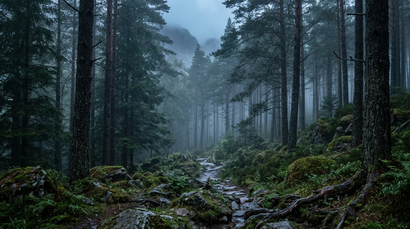 Dense misty pine forest in a rugged mountainous region representing the Kashmir border terrain.