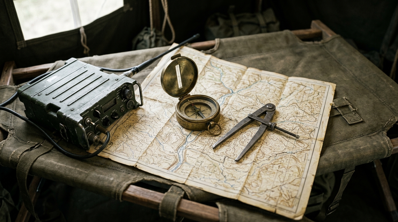 Vintage topographical map with a brass compass and military calipers on a canvas cot.