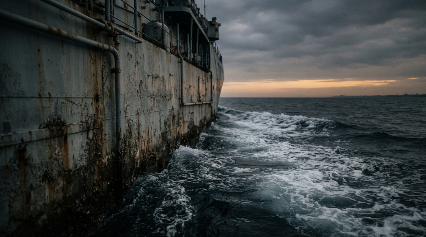 Naval warship wake crossing dark Bay of Bengal waters at dusk