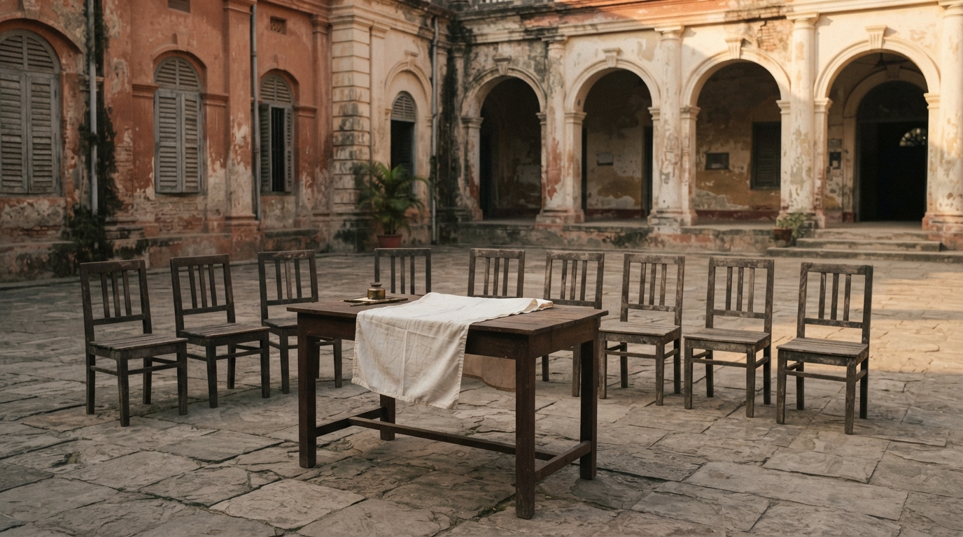 Dhaka courtyard with white flag and wooden chairs, site of 1971 surrender