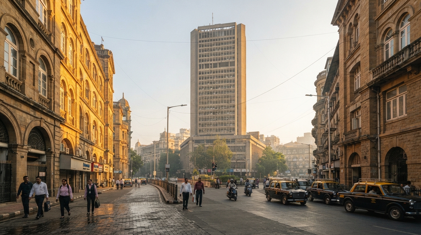 Mumbai's Dalal Street and stock exchange building at dawn, symbolizing India's 1991 economic liberalization