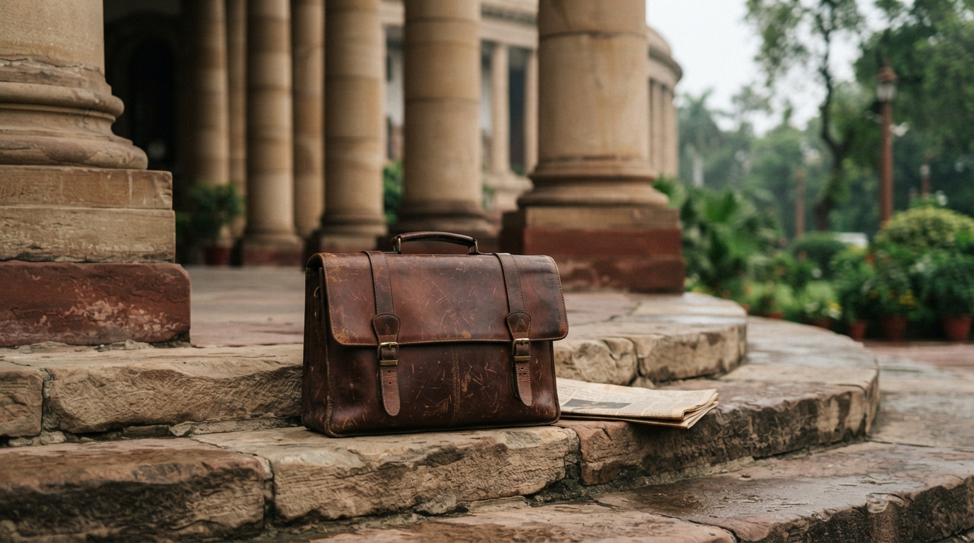 Leather Budget briefcase on government steps in New Delhi, recalling India's 1991 reform Budget