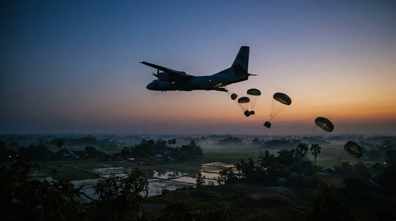 Antonov cargo plane dropping military parachutes over rural West Bengal farmland during twilight