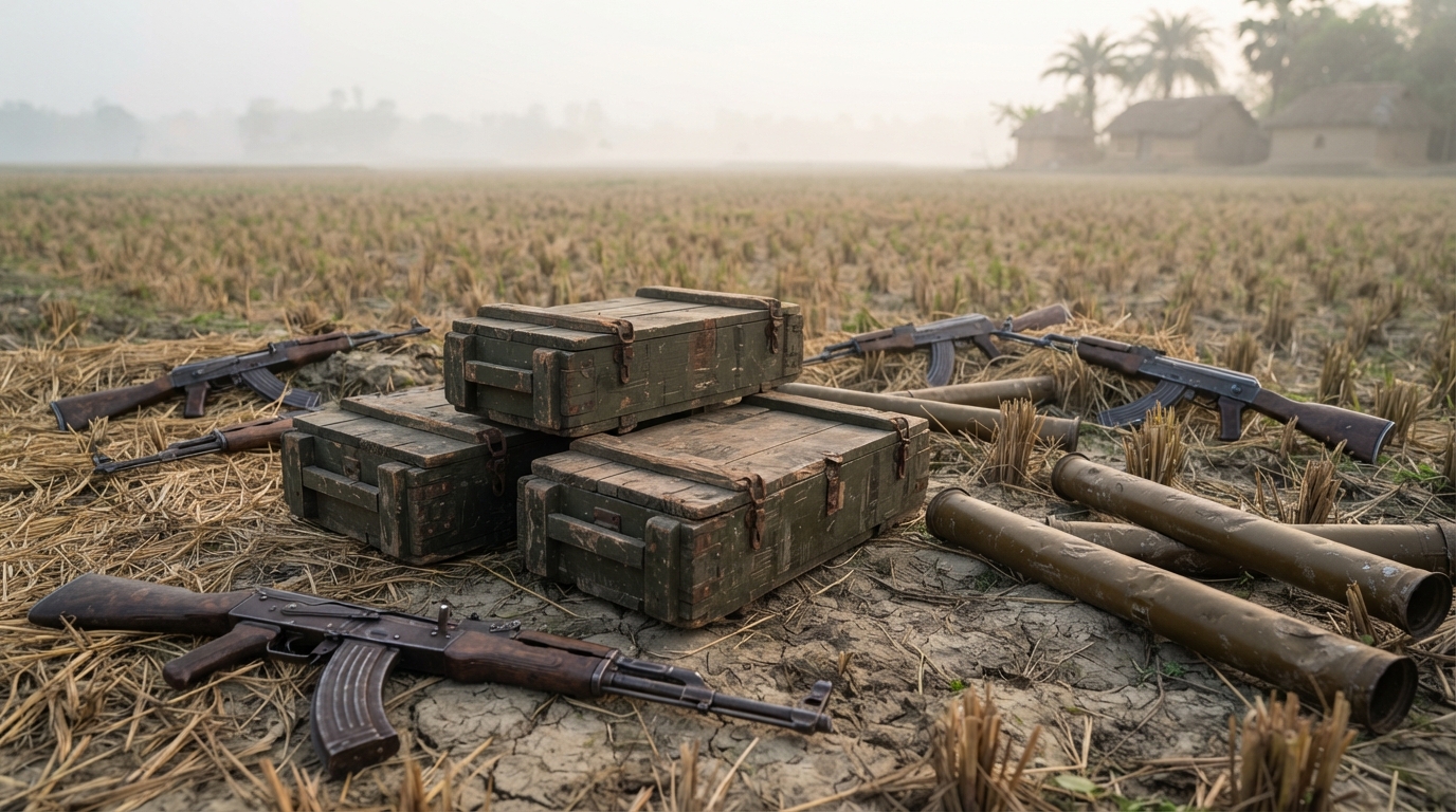 Wooden crates and military equipment discovered in a rural field in Purulia