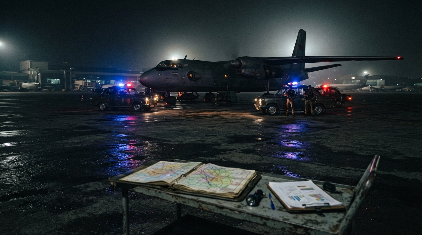 Grounded cargo aircraft surrounded by security vehicles on a wet airport tarmac at night