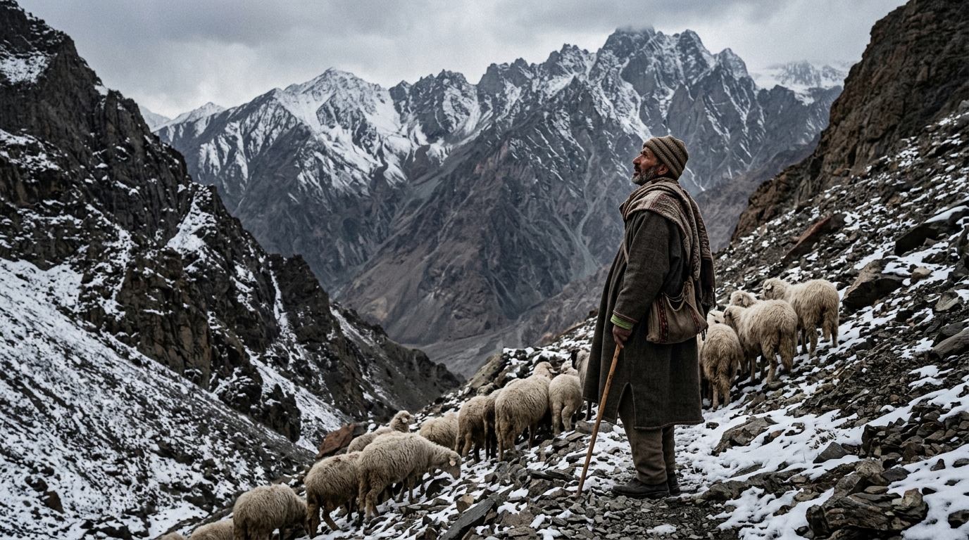 Local shepherd with sheep on a snowy mountain slope in the Batalik sector.