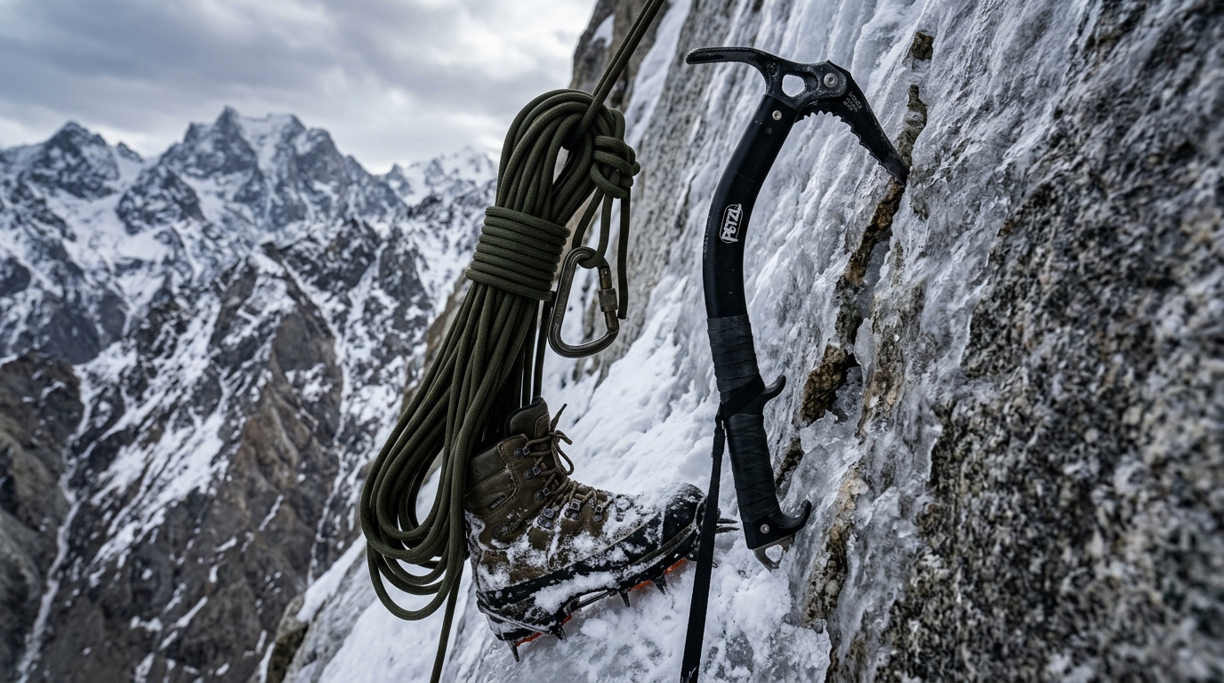 Ice axe and military climbing gear on a frozen vertical mountain rock wall.